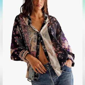 Free People Flower Patch Mixed Media Patchwork Button Down Floral Top